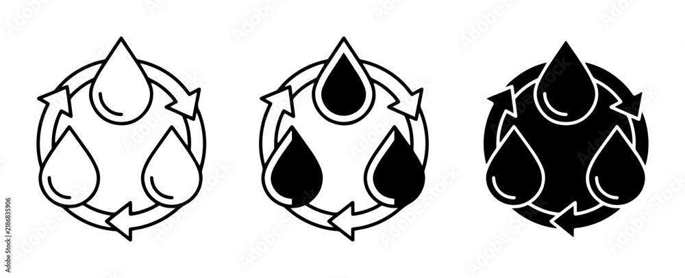 Fototapeta premium Water Cycle Icons, Liquid Droplet Recycling Symbol, Fluid Conservation Graphics