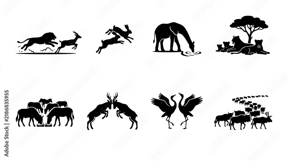 Obraz premium African Wildlife Silhouette Icons, Safari Animal Vector Graphics, Nature Scene Illustrations, Majestic Fauna Collection
