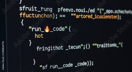 Obraz na płótnie Abstract computer programming code displayed on a dark screen with fire emoji syntax