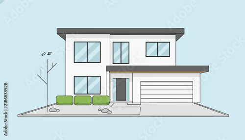 Contemporary two-story family house with a spacious garage, minimalist landscaping, and a clean, light blue background.