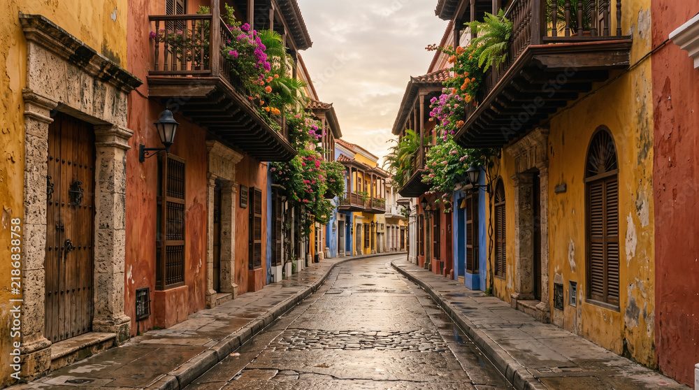 Fototapeta premium Colonial street with colorful balconies after rain