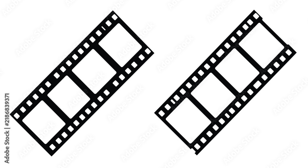 Fototapeta premium Two strips of black film negative with sprocket holes on a white background