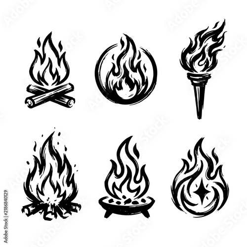 Fire Symbol Icon Set in Brush Outline