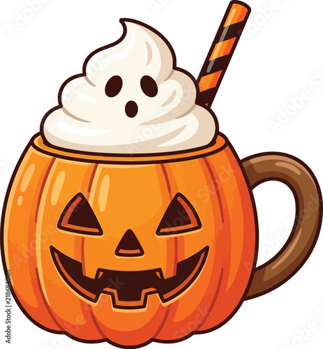 Cute halloween pumpkin mug illustration featuring spooky whipped cream ghost topping and striped drinking straw element