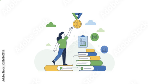 Empowering illustration of a woman climbing a stack of books to reach a gold medal, symbolizing education, achievement, and success.