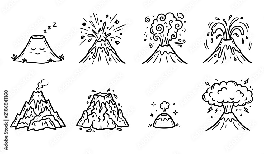 Fototapeta premium Erupting Volcano Hand Drawn Doodle Cartoon Black Sketch Vector Illustration