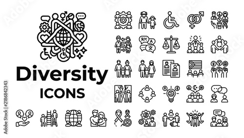 Diversity Icons Set: A comprehensive collection of graphic icons representing diversity, inclusion, and unity.
