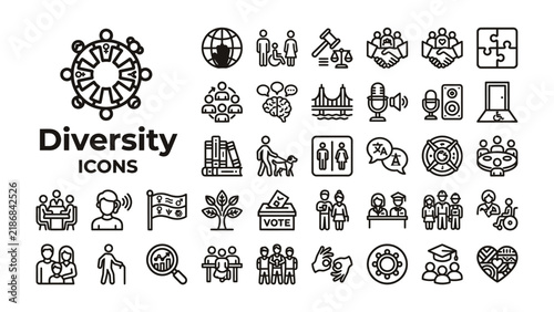 Diversity Icons Collection: A comprehensive set of minimalist line icons representing diversity, inclusion, and social justice concepts.