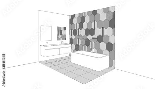 Architectural sketch rendering of a modern bathroom featuring a sleek bathtub, double vanity, and a stylish hexagon-tiled accent wall.