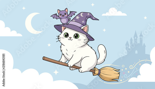 Adorable cartoon illustration of a cute white witch cat flying on a broomstick with a small bat perched on its pointy hat under a moonlit sky.