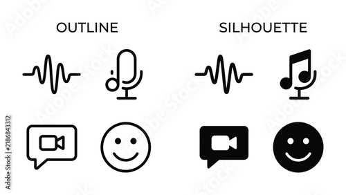 Outline and Silhouette Icons: A clear visual comparison showcasing distinct outline and silhouette icons for audio waveform, microphone, video call, and happy face.