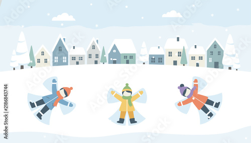 Whimsical illustration of three happy children making snow angels in a snowy landscape with charming houses and pine trees in the background.