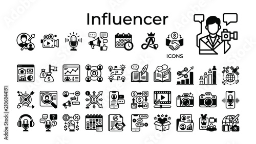 Social Media Influencer Icon Set: A comprehensive collection of outline icons representing the world of social media influence, including content creation, engagement, and audience building.
