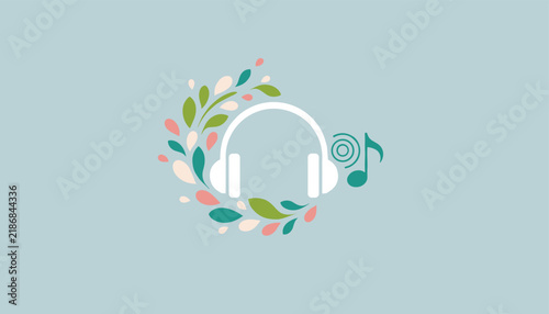 Artistic illustration of white headphones surrounded by a swirling wreath of colorful leaves and musical notes, symbolizing music and nature.