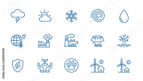 Comprehensive collection of detailed outline icons related to climate change, environmental issues, and sustainable renewable energy solutions.