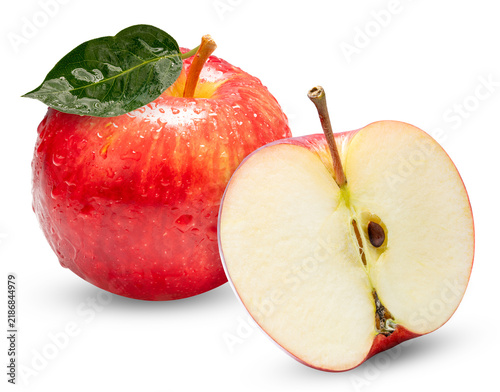 Fresh red apple whole and half slice with water drops isolated on white background. Healthy food concept with clipping path for grocery design and fruit retail.