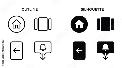 Navigation Icon Set: A comprehensive set of UI navigation icons presented in both outline and silhouette styles, featuring home, navigation carousel, back arrow, and notification symbols.