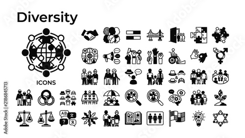 Diversity Icons Collection: A comprehensive set of black and white icons representing various aspects of diversity, inclusion, and social equity.