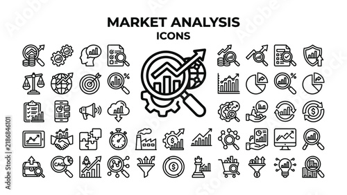 Market Analysis Icons Set: A comprehensive collection of vector icons representing various aspects of market analysis, business intelligence, and data visualization.