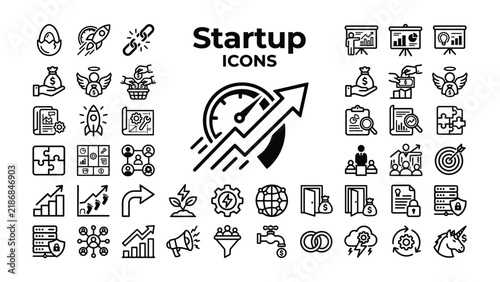 Startup Icons: A collection of minimalist line icons symbolizing various aspects of startup businesses, innovation, growth, and success, designed for presentations and web use.