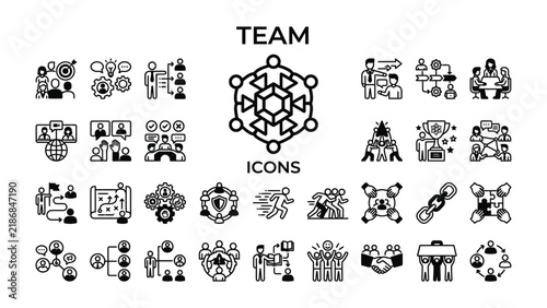 Teamwork Icons Set: A comprehensive collection of black and white icons illustrating various aspects of teamwork, collaboration, and business strategy, presented clearly on a clean backdrop.