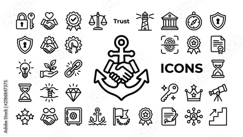 Business Icons Collection: A curated selection of essential business icons, encompassing trust, security, finance, and collaboration, presented in a clean and modern line-art style.