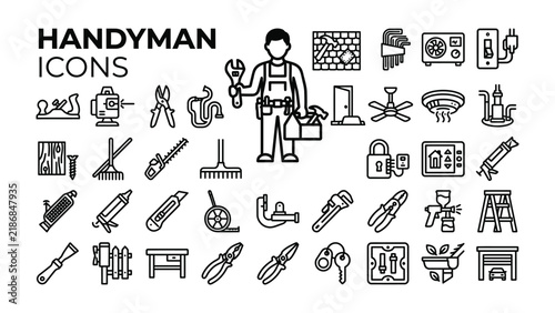 Handyman Icons Set: A comprehensive collection of line art icons representing various tools and services offered by a handyman, perfect for illustrating repair and maintenance.