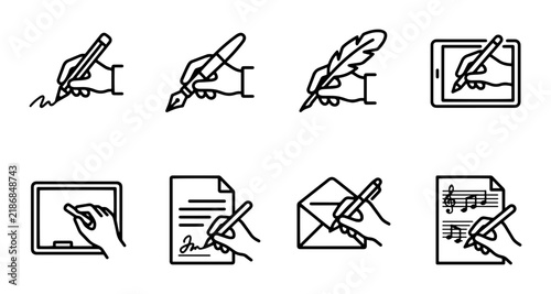 Writing Hand Icons, Pen and Pencil Set, Digital and Traditional Script