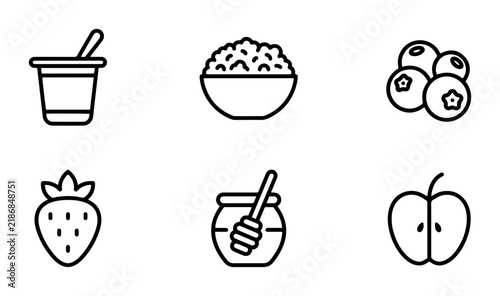 Healthy Breakfast Icons: Yogurt, Cereal, Berries, Strawberry, Honey, Apple