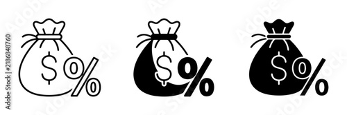 Money Bag Icons: Dollar Sign, Percentage, Finance, Savings, Investment