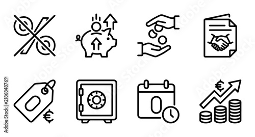 Finance Icons Set, Business Growth, Piggy Bank, Safe, Price Tag, Calendar, Handshake