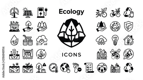 Ecology Icons Set: A collection of graphic icons representing various aspects of ecology, sustainability, and environmental conservation, designed for easy understanding and application.