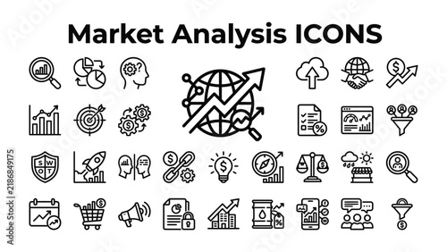 Market Analysis Icons: A comprehensive collection of simple black and white vector icons representing various aspects of market analysis, including growth charts, target achievement, data analysis.
