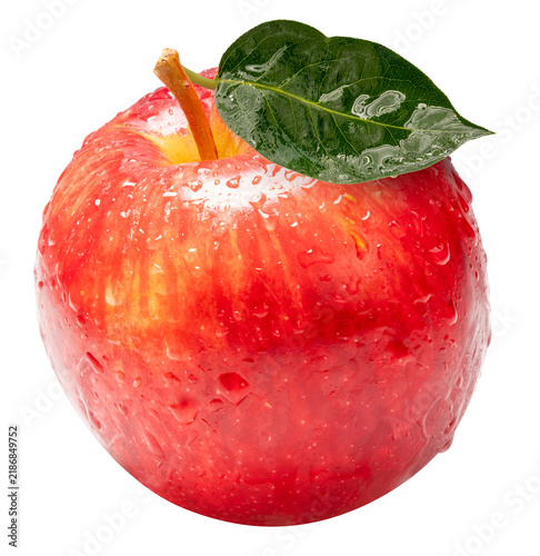 Fresh red apple with green leaf and water drops isolated on white background. Healthy food concept with clipping path for grocery design and fruit retail png file.