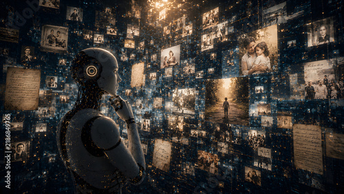 Robot Contemplating a Vast Archive of Digital Memories