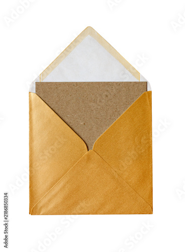 Open Golden Envelope with Blank Kraft Card on Transparent Background
