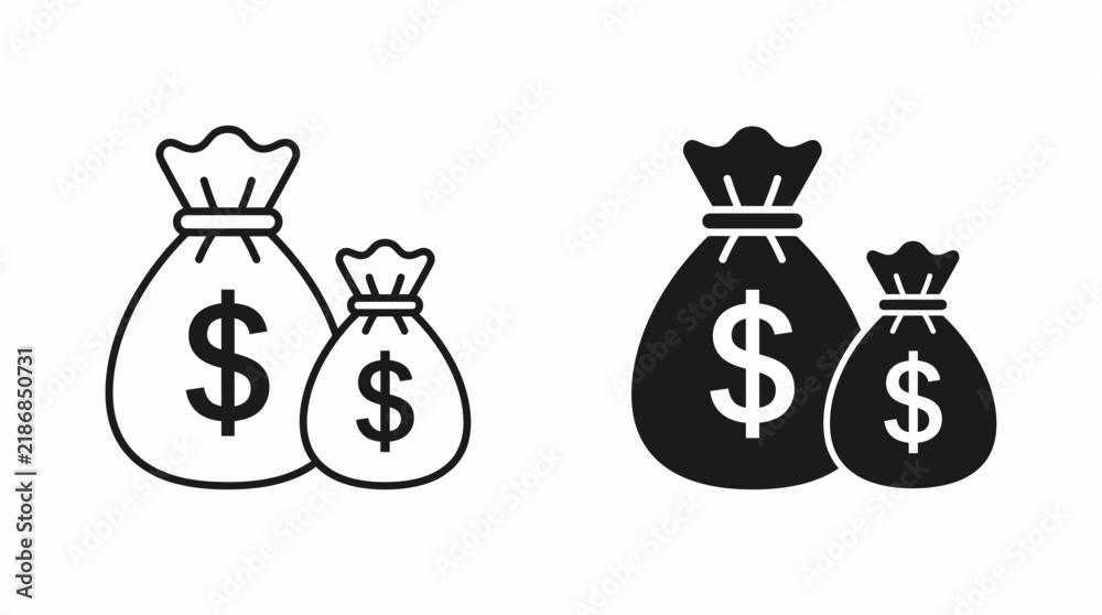 Fototapeta premium Two money bag icons—outline and solid—with dollar signs, symbolizing wealth, savings, profit, and financial success in minimalist design