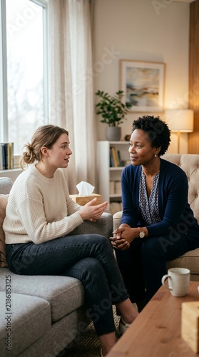 Two women talking in a living room setting, one woman appears to be a therapist or counselor.