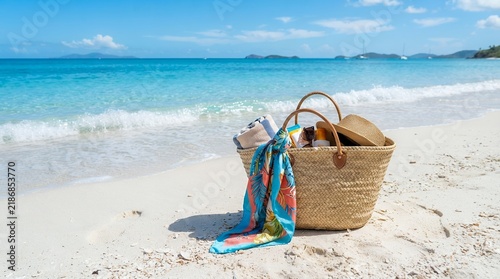 Wicker Beach Bag with Towel and Hat on Sandy Shoreline with Turquoise Ocean.