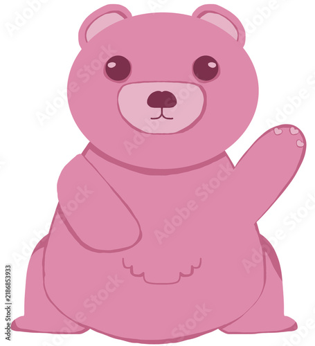 Cute pink bear character waving hand with friendly smile