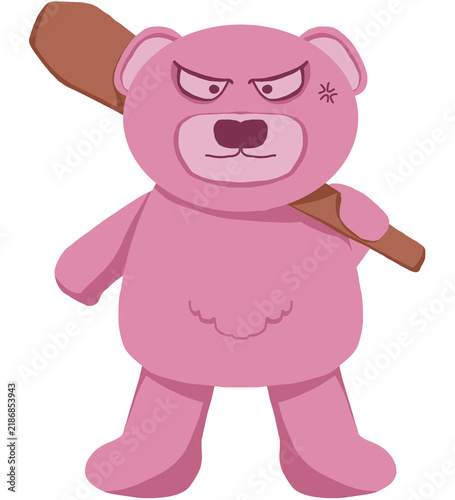 Angry pink bear character holding wooden bat with fierce expression