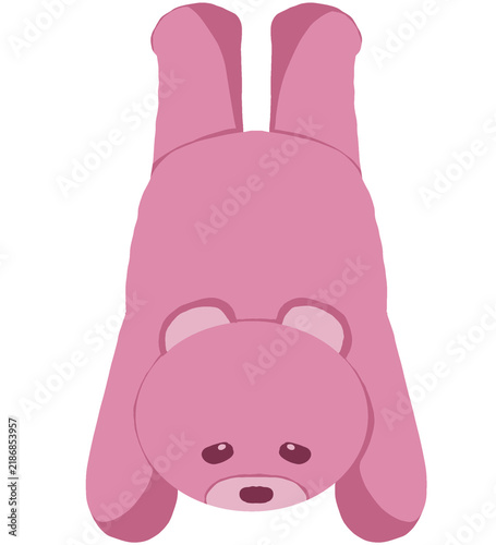Cute pink bear character standing upside down with sad expression