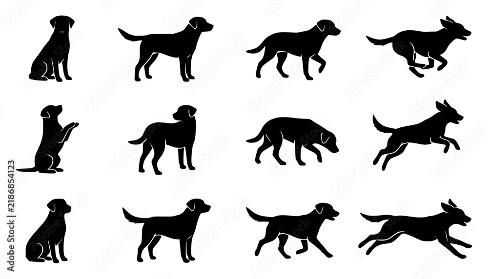 Obraz premium Dog silhouette illustrations grid set with simple line art design featuring sketches, drawings, vector graphics with minimalist and simple illustrations