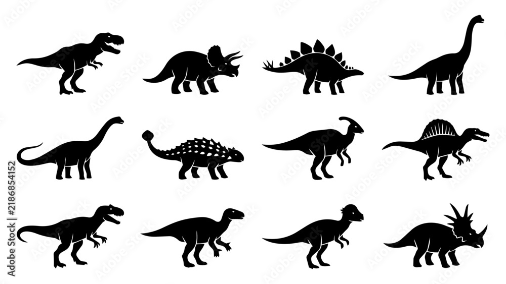 Obraz premium Dinosaur Silhouette Set with Prehistoric Species Icons