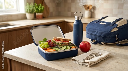 Open lunch box with healthy food and water bottle on a kitchen counter