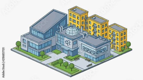 Elegant Isometric of Modern University or School Campus with Blue Grey and Yellow Buildings Globe Dome and Green Landscaping