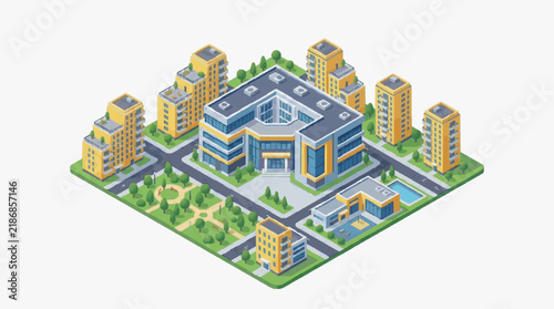 Elegant Isometric of Modern Urban Complex with Residential and Commercial Buildings Pool and Greenery