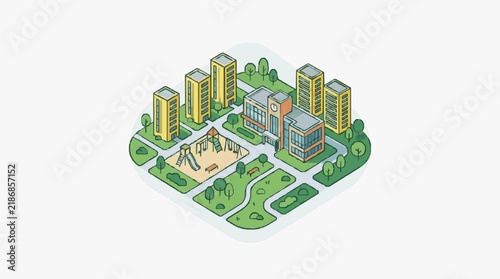 Elegant Isometric of Modern Urban Residential Complex with Playground and Green Spaces with high quality professional line art symbols for modern creative design and digital branding projects