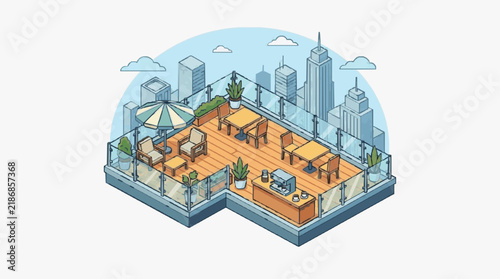 Elegant Isometric of Rooftop Caf with Urban Skyline View Featuring Wooden Deck Chairs Tables Potted Plants Coffee Machine and Cityscape