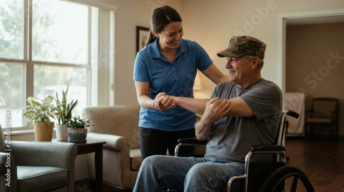 Therapist assisting veteran in wheelchair during supportive rehabilitation session with compassionate care and hopeful connection in comfortable care facility
